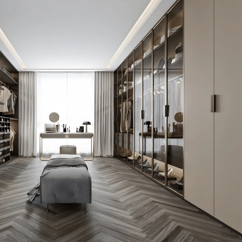 Modern Elegant Glass Walk In Closet with glass doors and luxury dressing area Modern Elegant Glass Walk In Closet with glass doors and luxury dressing area