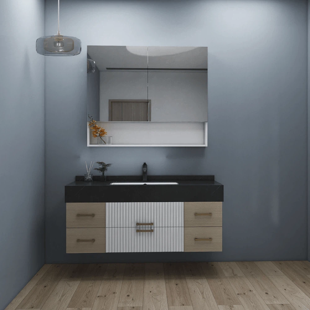 Modern bathroom vanity with mirror, black countertop, and wooden drawers in a minimalist bathroom. Modern bathroom vanity with mirror, black countertop, and wooden drawers in a minimalist bathroom.